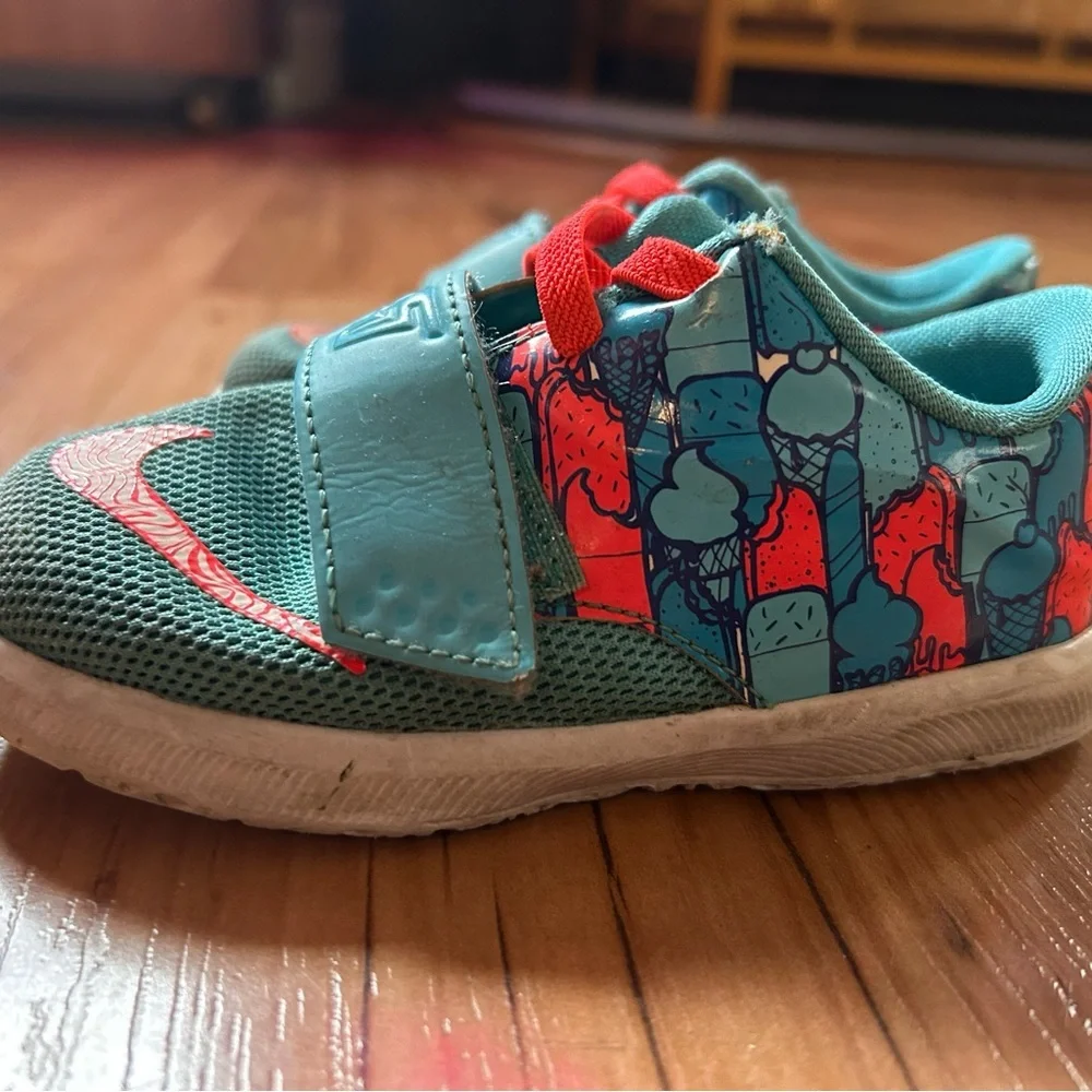 Nike Kids Shoes - Teal & Red 7C KD Ice Cream Cartoon Design Velcro Closure